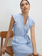 River Island Blue Frill Sleeve Belted Mini Contains Linen Dress - Image 1 of 4