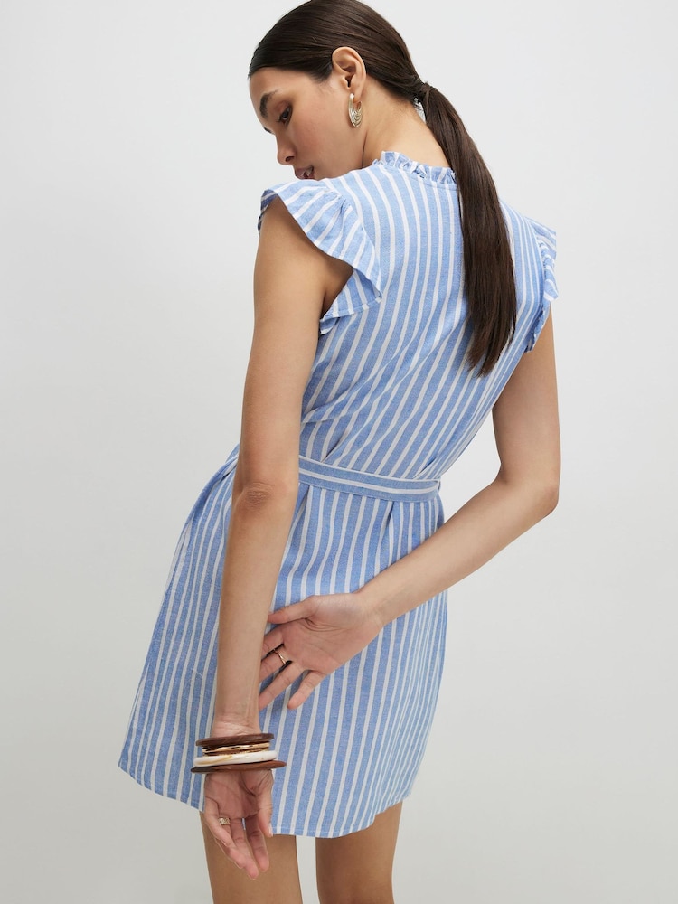 River Island Blue Frill Sleeve Belted Mini Contains Linen Dress - Image 2 of 4
