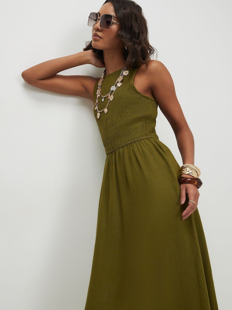 River Island Green Shirred Boat Neck Midi Dress Contains Linen - Image 1 of 4