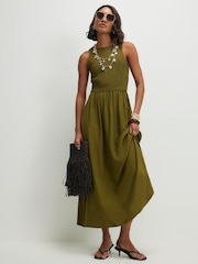 River Island Green Shirred Boat Neck Midi Dress Contains Linen - Image 2 of 4