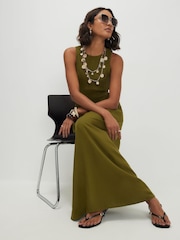 River Island Green Shirred Boat Neck Midi Dress Contains Linen - Image 3 of 4