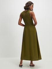 River Island Green Shirred Boat Neck Midi Dress Contains Linen - Image 4 of 4