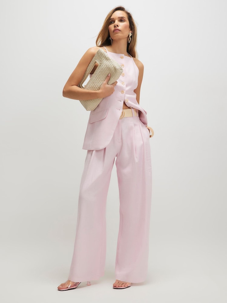 River Island Pink Belted Wide Leg Contains Linen Trousers - Image 1 of 4 River Island Pink Belted Wide Leg Contains Linen Trousers - Image 1 of 4