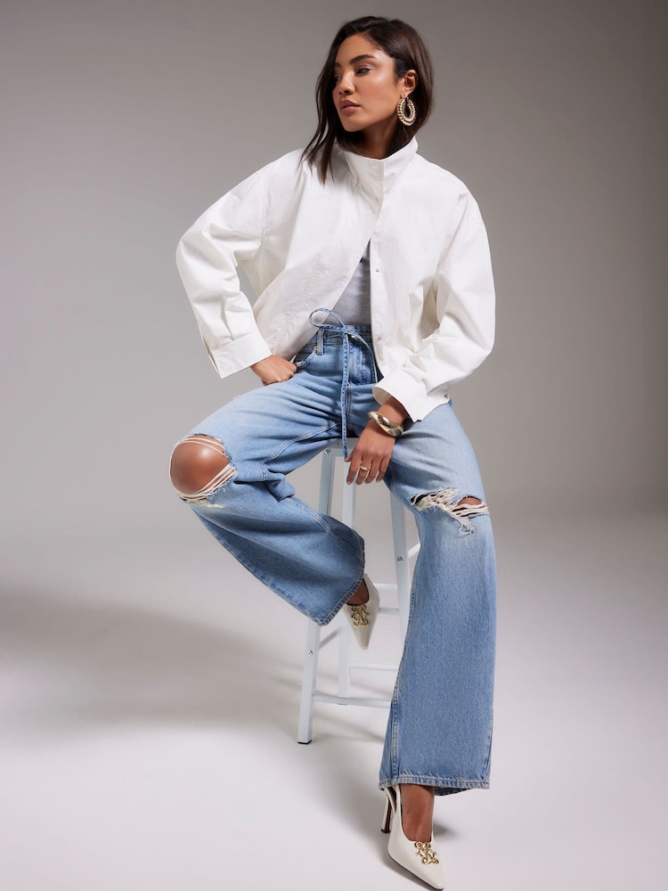 River Island Blue Ripped Drawstring Balloon Leg Jeans - Image 2 of 4 River Island Blue Ripped Drawstring Balloon Leg Jeans - Image 2 of 4