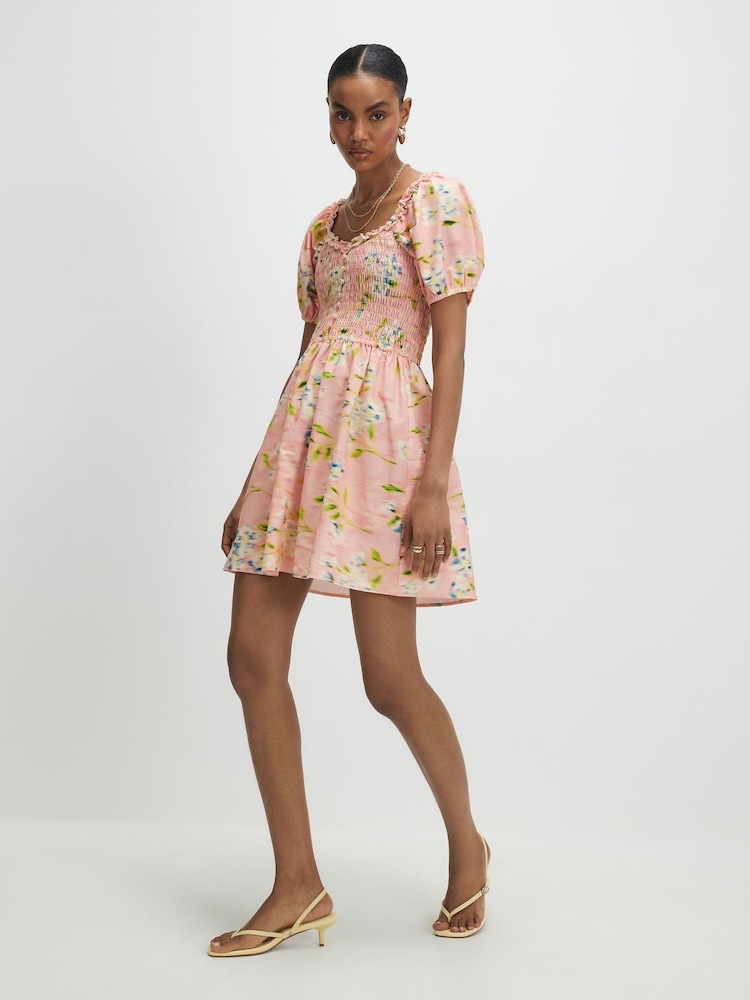 River Island Pink Puff Sleeve Shirred Mini Dress - Image 1 of 4 River Island Pink Puff Sleeve Shirred Mini Dress - Image 1 of 4