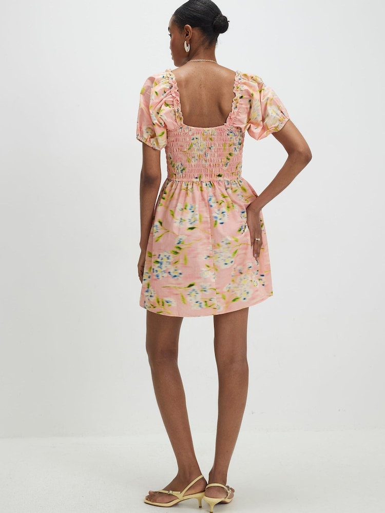 River Island Pink Puff Sleeve Shirred Mini Dress - Image 2 of 4 River Island Pink Puff Sleeve Shirred Mini Dress - Image 2 of 4
