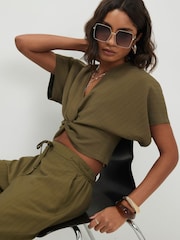 River Island Green Short Sleeve Knot Front Tailored Top - Image 3 of 4