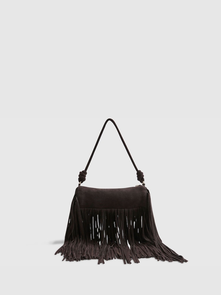 River Island Brown Fringe Leather Cylinder Bag - Image 1 of 5