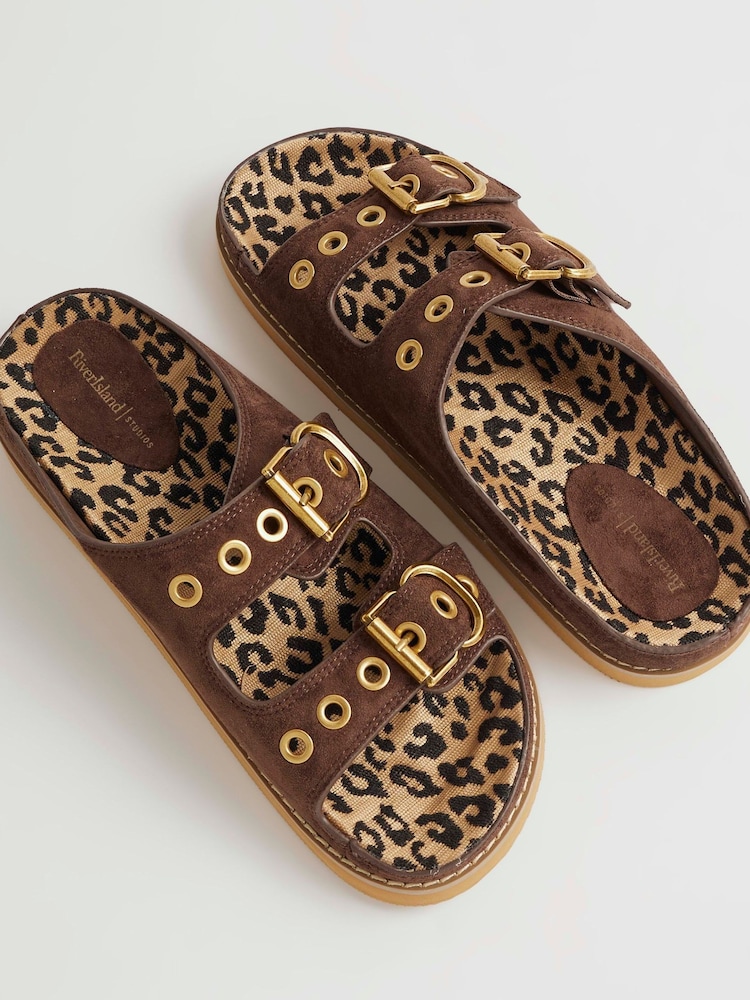 River Island Brown Leopard Lined Double Strap Sandals - Image 6 of 6