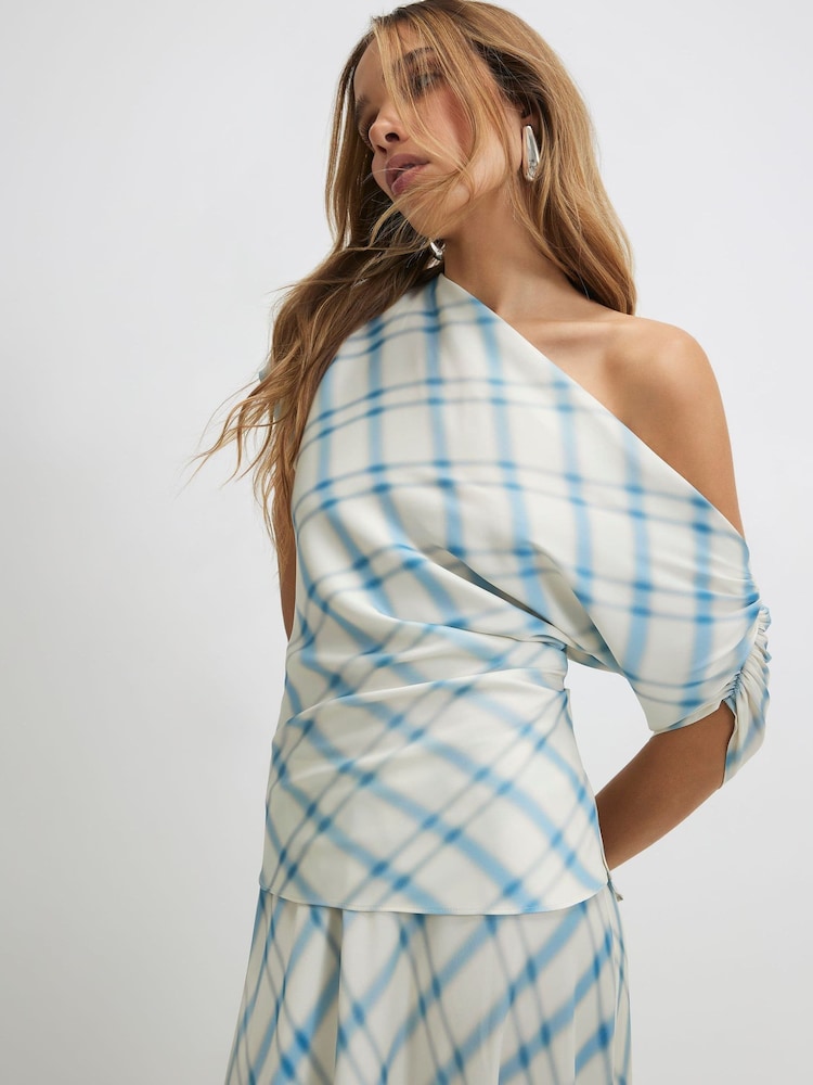 River Island Blue Check Print One Shoulder Top - Image 1 of 4