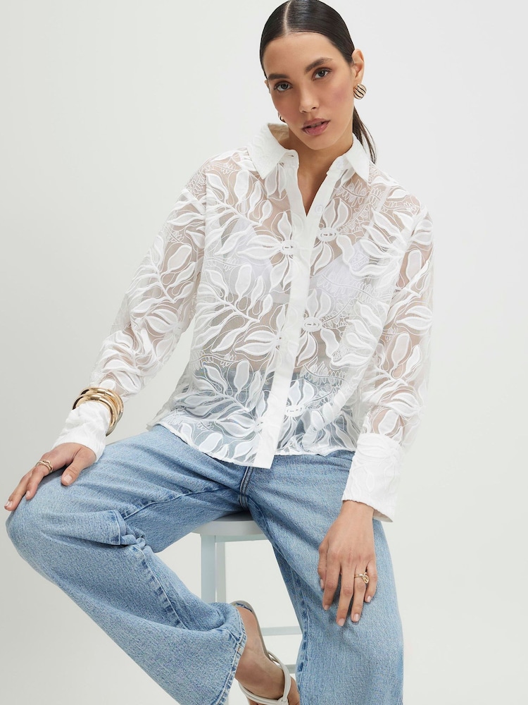 River Island White Long Sleeve Emboridered Lace Shirt - Image 1 of 4 River Island White Long Sleeve Emboridered Lace Shirt - Image 1 of 4