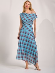 藍色 - Jolie Moi 不對稱垂墜網紗連身長裙 - 圖片 4/6