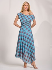 藍色 - Jolie Moi 不對稱垂墜網紗連身長裙 - 圖片 5/6