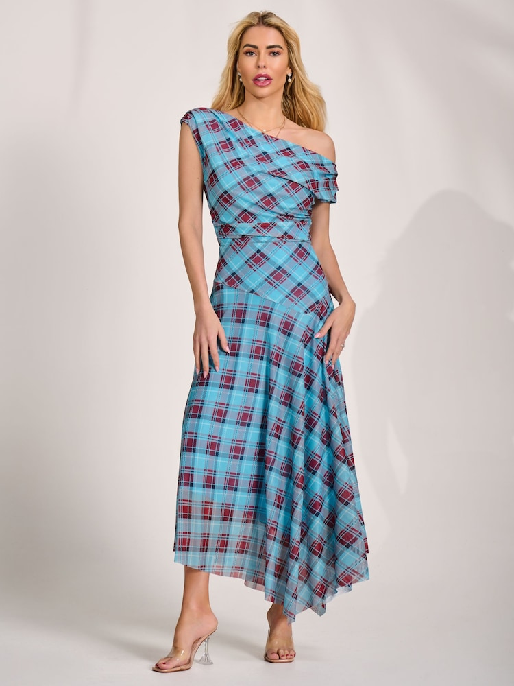 藍色 - Jolie Moi 不對稱垂墜網紗連身長裙 - 圖片 6/6