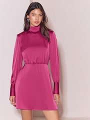 Lipsy Magenta Pink Satin Shoulder Padded Long Sleeve Mini Dress - Image 1 of 5