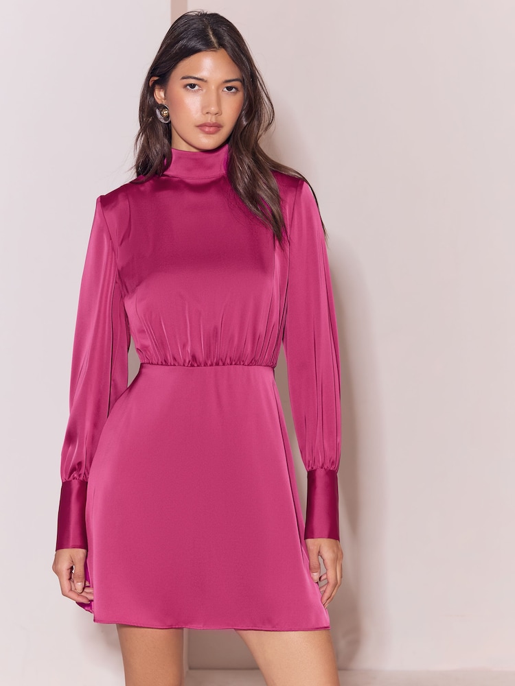 Lipsy Magenta Pink Satin Shoulder Padded Long Sleeve Mini Dress - Image 1 of 5