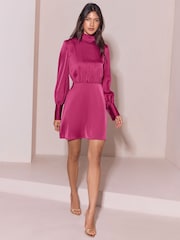 Lipsy Magenta Pink Satin Shoulder Padded Long Sleeve Mini Dress - Image 2 of 5