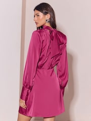 Lipsy Magenta Pink Satin Shoulder Padded Long Sleeve Mini Dress - Image 3 of 5