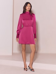 Lipsy Magenta Pink Satin Shoulder Padded Long Sleeve Mini Dress - Image 4 of 5