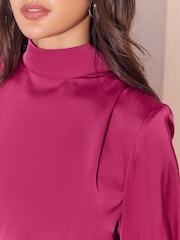 Lipsy Magenta Pink Satin Shoulder Padded Long Sleeve Mini Dress - Image 5 of 5
