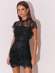 Lipsy Black Lace Flutter Sleeve Gathered Mini Dress - Image 2 of 6