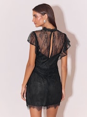 Lipsy Black Lace Flutter Sleeve Gathered Mini Dress - Image 4 of 6