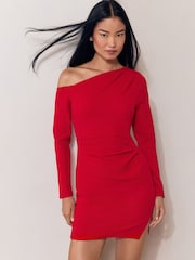 Lipsy Red Long Sleeve Off The Shoulder Gathered Waist Mini Dress - Image 3 of 5