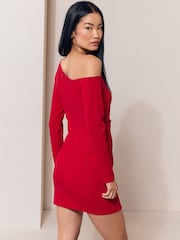 Lipsy Red Long Sleeve Off The Shoulder Gathered Waist Mini Dress - Image 4 of 5