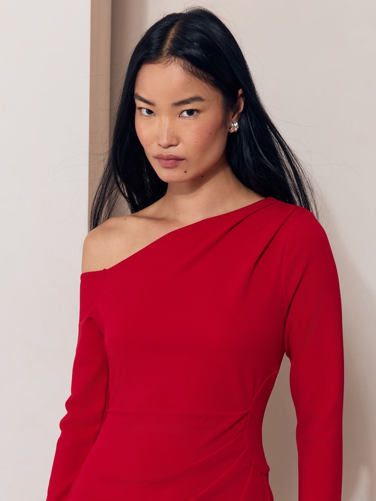 Lipsy Red Long Sleeve Off The Shoulder Gathered Waist Mini Dress - Image 5 of 5