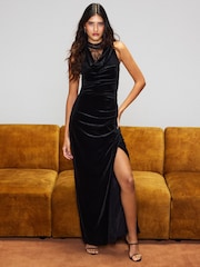 Lipsy Black High Neck Lace Cowl Velvet Maxi Dress - Image 1 of 6
