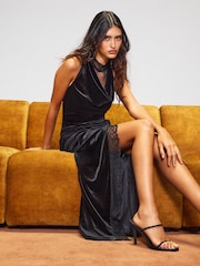 Lipsy Black High Neck Lace Cowl Velvet Maxi Dress - Image 5 of 6