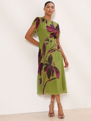 Lipsy Olive Green Floral Print Fit And Flare Midi Dress - Image 1 of 6