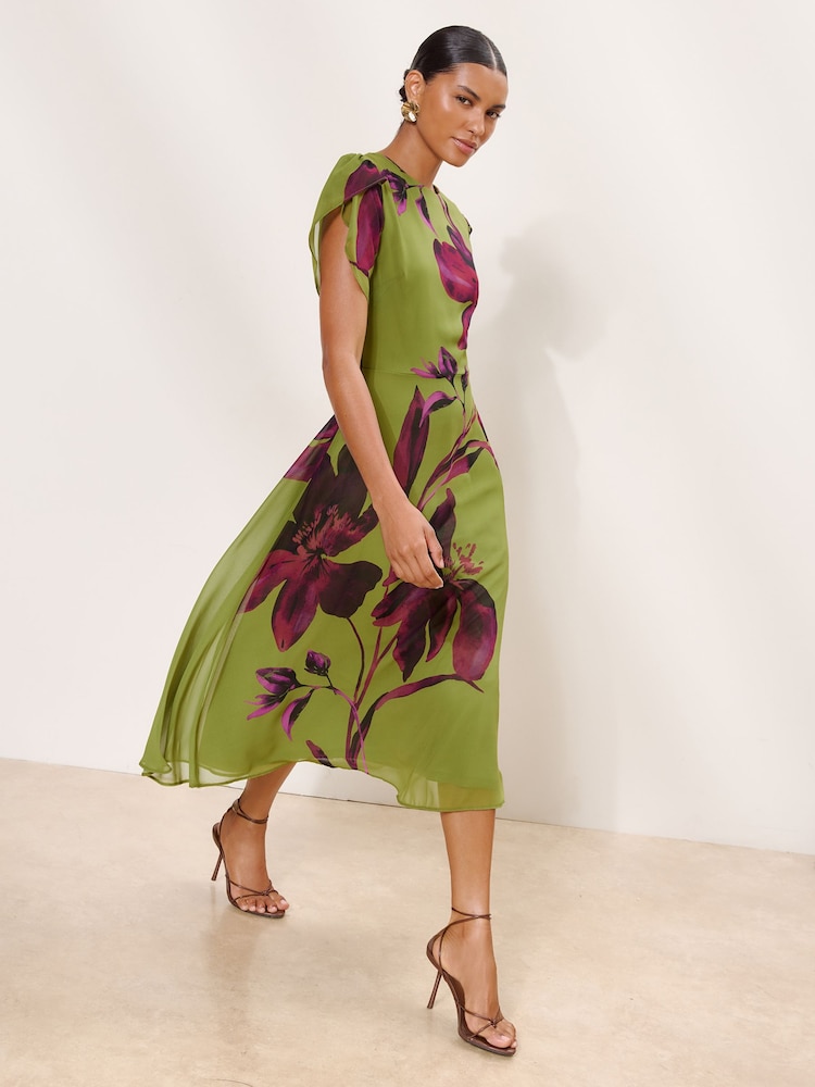 Lipsy Olive Green Floral Print Fit And Flare Midi Dress - Image 2 of 6 Lipsy Olive Green Floral Print Fit And Flare Midi Dress - Image 2 of 6