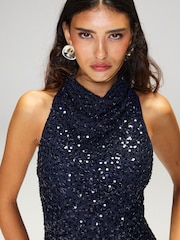 Lipsy Navy Sequin Cowl Neck Bodycon Maxi Dress - Image 2 of 6