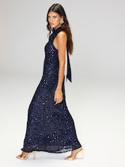 Lipsy Navy Sequin Cowl Neck Bodycon Maxi Dress - Image 4 of 6