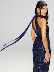 Lipsy Navy Sequin Cowl Neck Bodycon Maxi Dress - Image 5 of 6