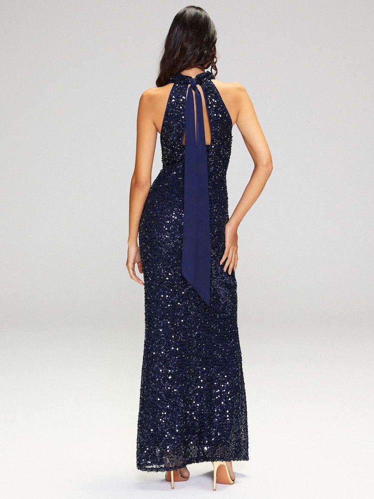 Lipsy Navy Sequin Cowl Neck Bodycon Maxi Dress - Image 6 of 6