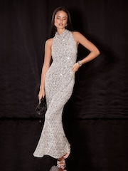 Lipsy Silver Sequin Cowl Neck Bodycon Maxi Dress - Image 1 of 6