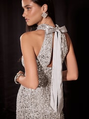 Lipsy Silver Sequin Cowl Neck Bodycon Maxi Dress - Image 3 of 6