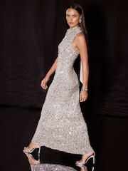 Lipsy Silver Sequin Cowl Neck Bodycon Maxi Dress - Image 4 of 6