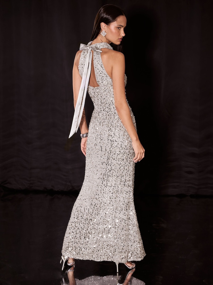 Buy Lipsy Silver Sequin Cowl Neck Satin Bow Back Maxi Dress from the Next UK online shop