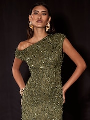 Lipsy Olive Green Sequin Off The Shoulder Gathered Waist Maxi Dress - Image 2 of 6
