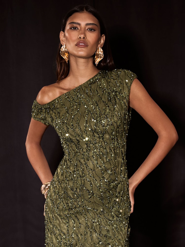 Lipsy Olive Green Sequin Off The Shoulder Gathered Waist Maxi Dress - Image 2 of 6