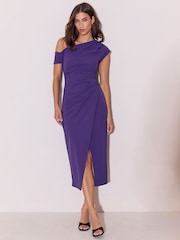 Lipsy Purple Floral Print Off The Shoulder Gathered Waist Midi Dress - Image 1 of 5