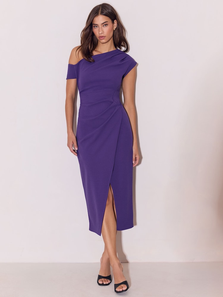 Lipsy Purple Floral Print Off The Shoulder Gathered Waist Midi Dress - Image 1 of 5 Lipsy Purple Floral Print Off The Shoulder Gathered Waist Midi Dress - Image 1 of 5