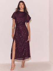 Lipsy Plum Sequin Knot Waist Side Split Fit And Flare Midi Dress - Image 1 of 5