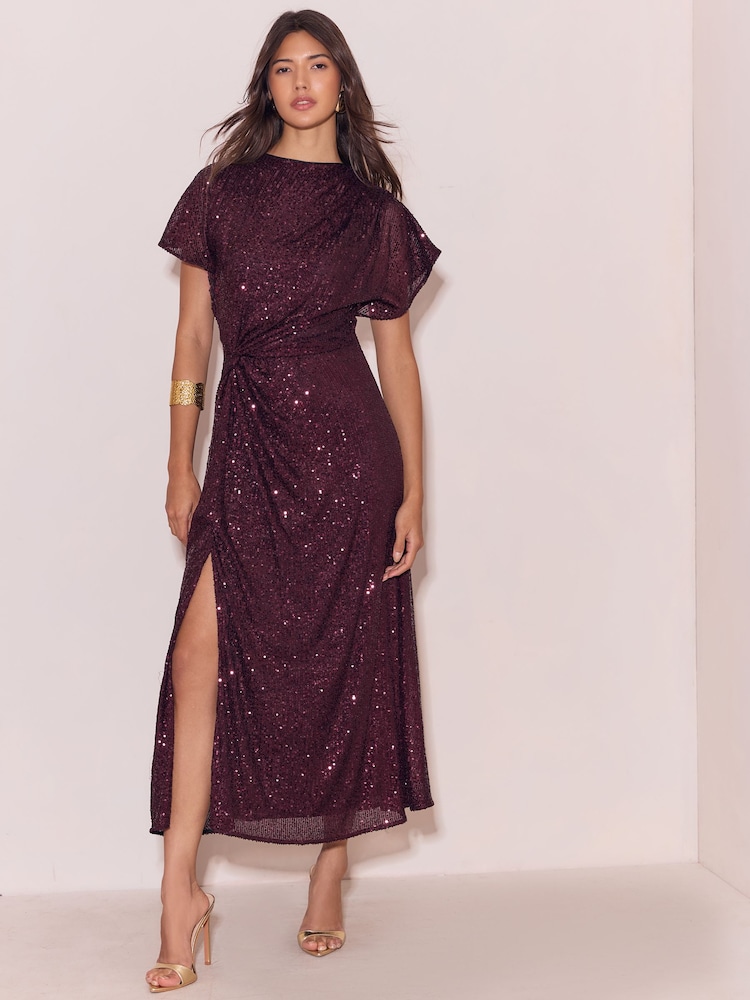Lipsy Plum Sequin Knot Waist Side Split Fit And Flare Midi Dress - Image 1 of 5