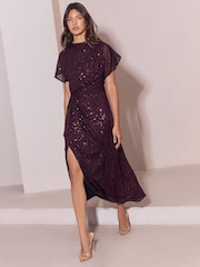 Lipsy Plum Sequin Knot Waist Side Split Fit And Flare Midi Dress - Image 2 of 5