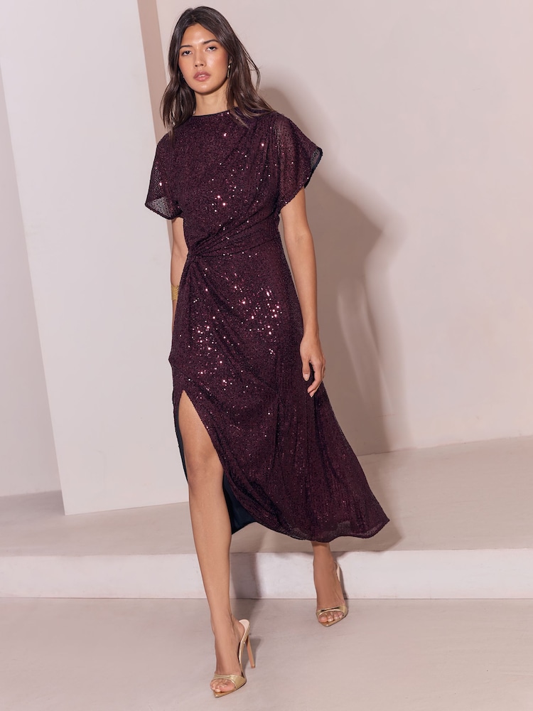 Lipsy Plum Sequin Knot Waist Side Split Fit And Flare Midi Dress - Image 2 of 5