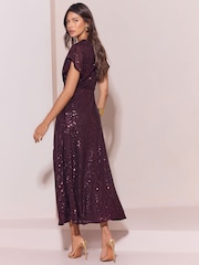 Lipsy Plum Sequin Knot Waist Side Split Fit And Flare Midi Dress - Image 4 of 5